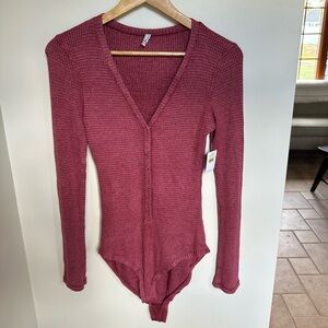 Free People Textured Maroon Bodysuit